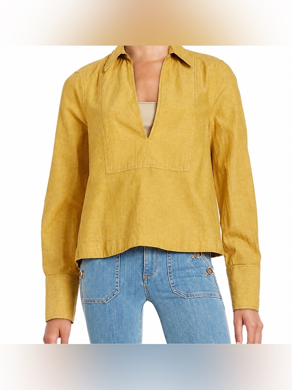 Free People Ready or Not mustard yellow linen blend popover, large